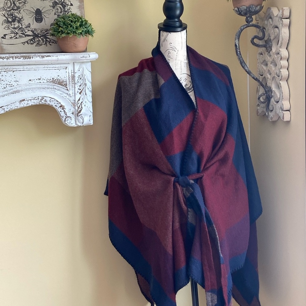 Fall Harvest Burgundy Plum Wine & Navy Plaid Poncho Belted Shrug Shawl & Belt